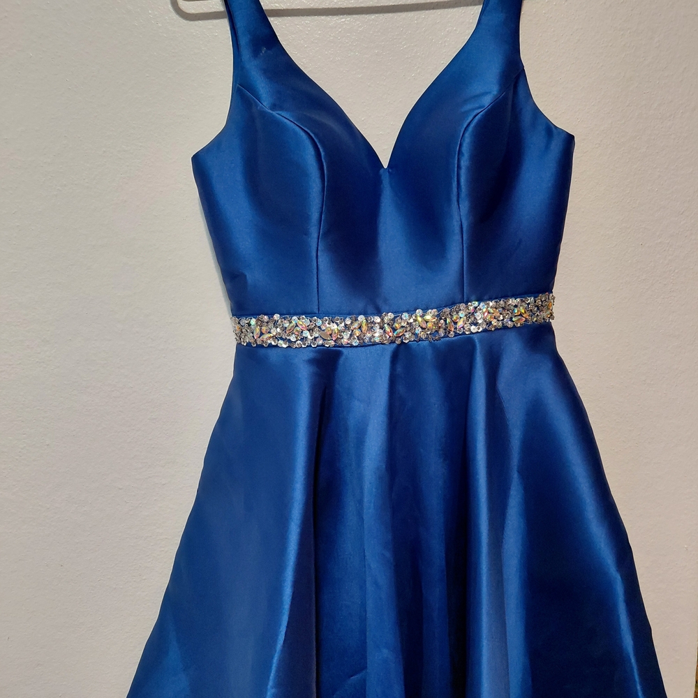 Satin Royal Blue Sleeveless Prom Dress with Sequin Waist
